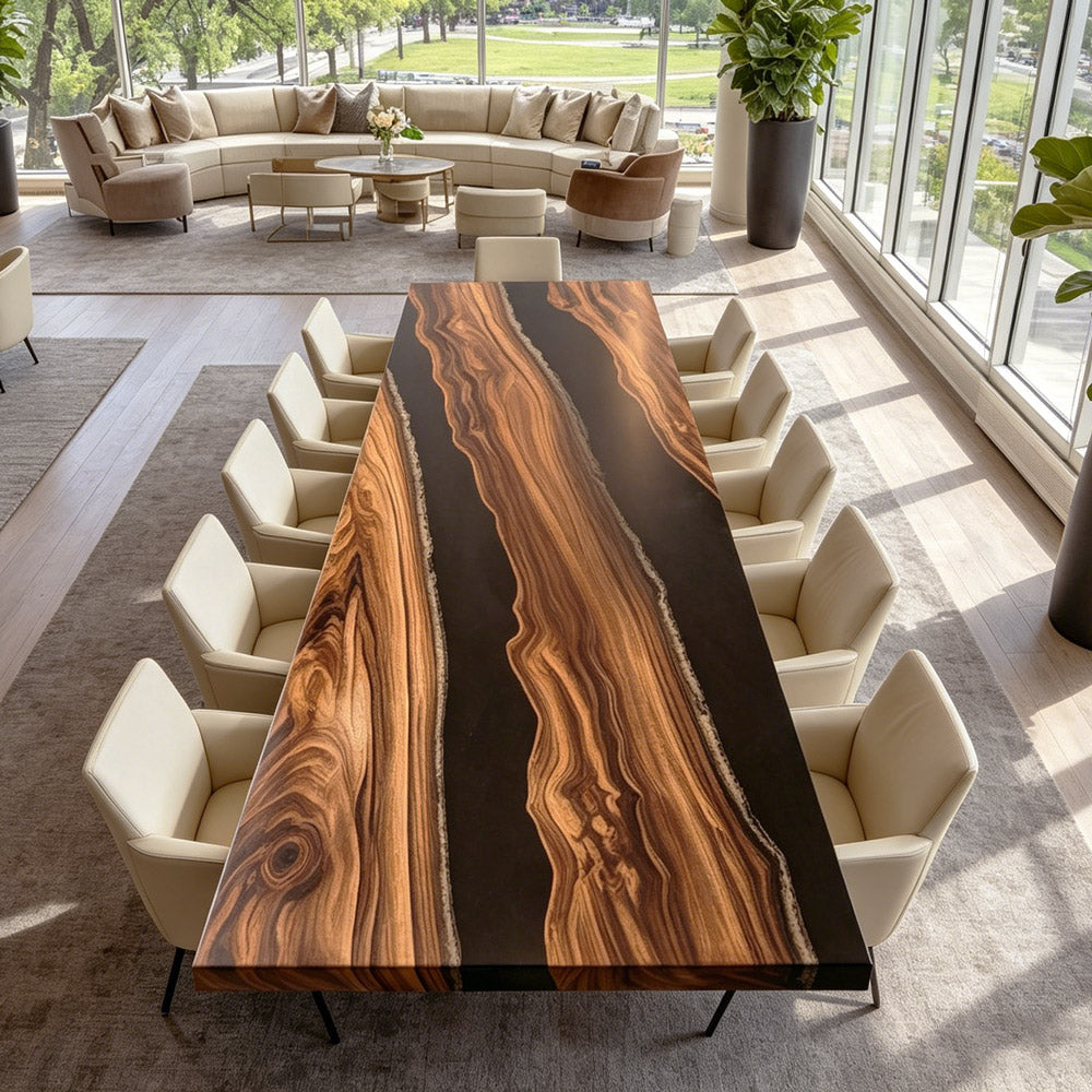 Symmetrical Slab Black Walnut Epoxy Table - Double Black Resin Flow for Luxury American High-End Suites in New York