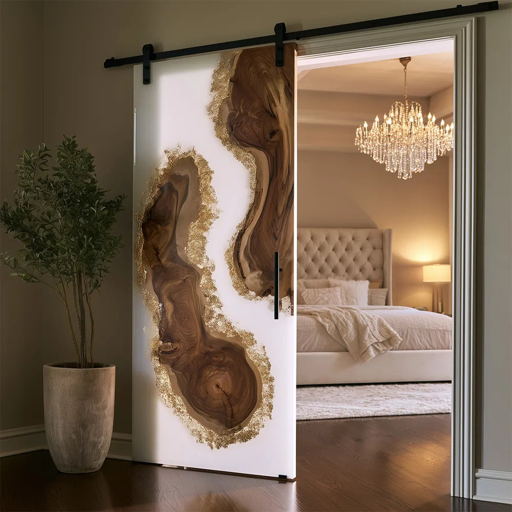 The "Manhattan Penthouse" Luxury White Resin & Gilded Sliding Barn Door | EBD19