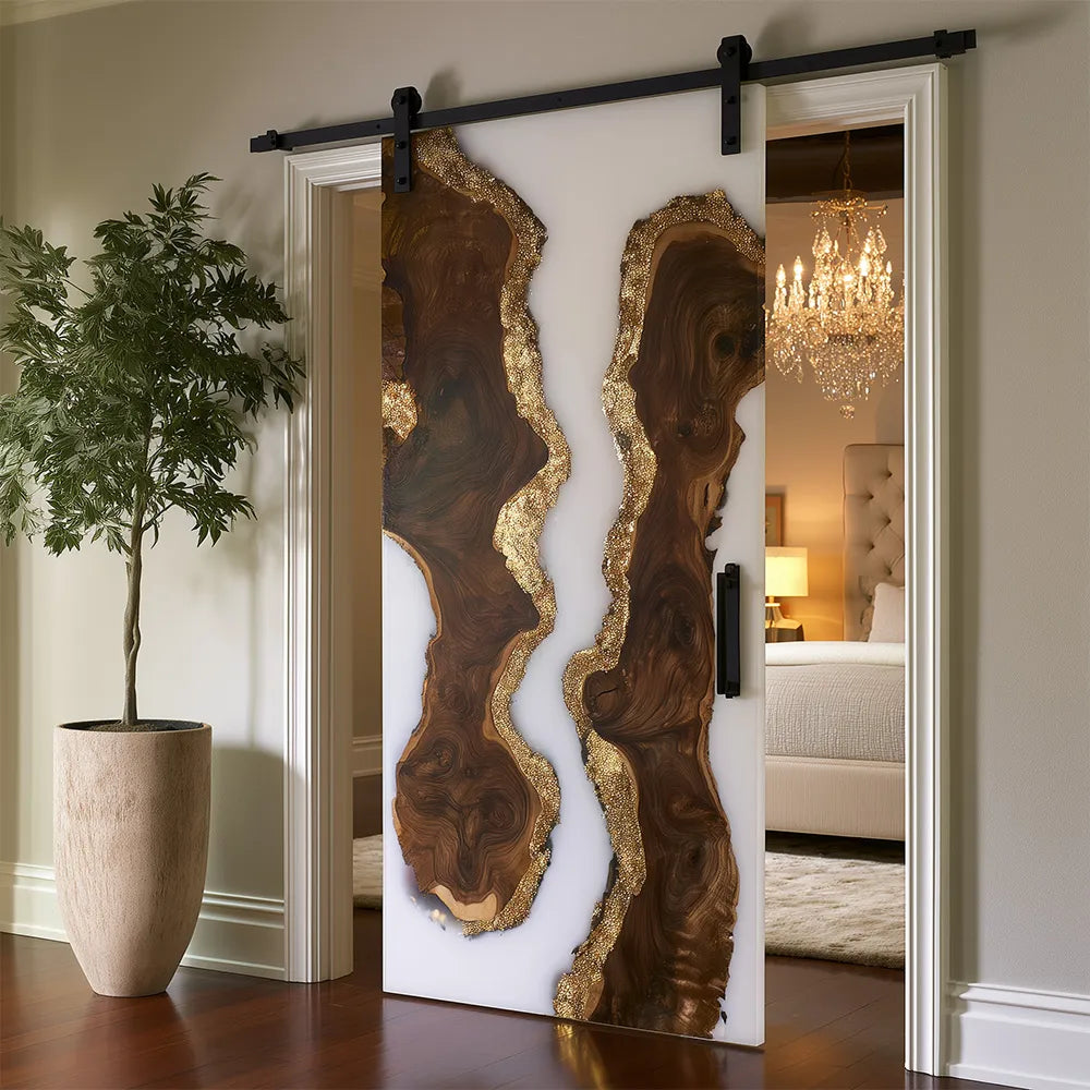 The "Manhattan Penthouse" Luxury White Resin & Gilded Sliding Barn Door | EBD19