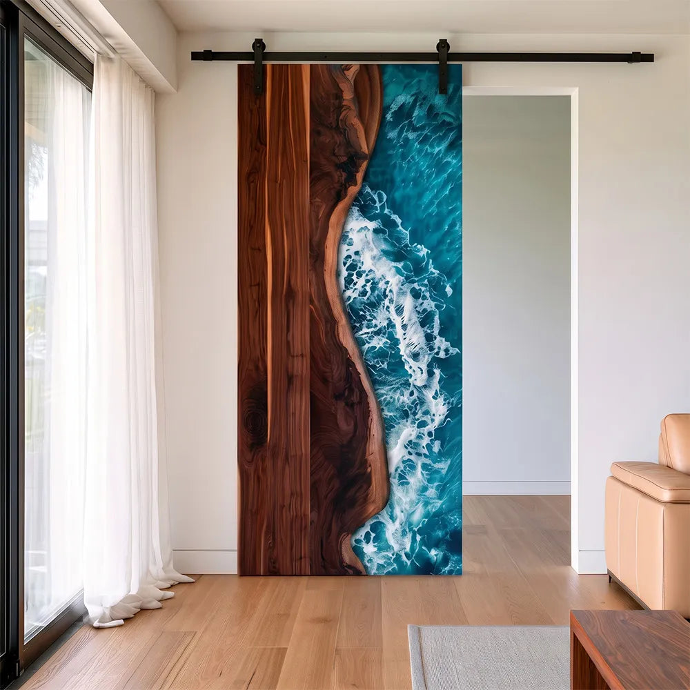 The "Pacific Coast" Black Walnut & Ocean Epoxy Sliding Barn Door | EBD18