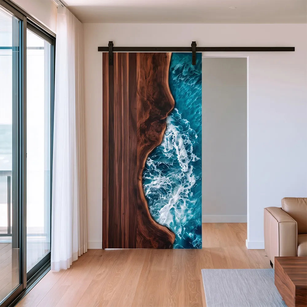 The "Pacific Coast" Black Walnut & Ocean Epoxy Sliding Barn Door | EBD18