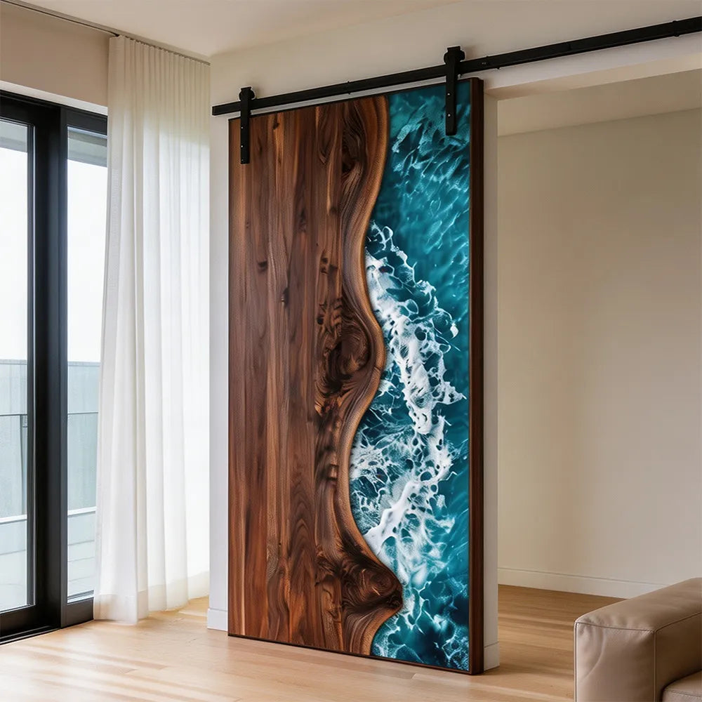 The "Pacific Coast" Black Walnut & Ocean Epoxy Sliding Barn Door | EBD18
