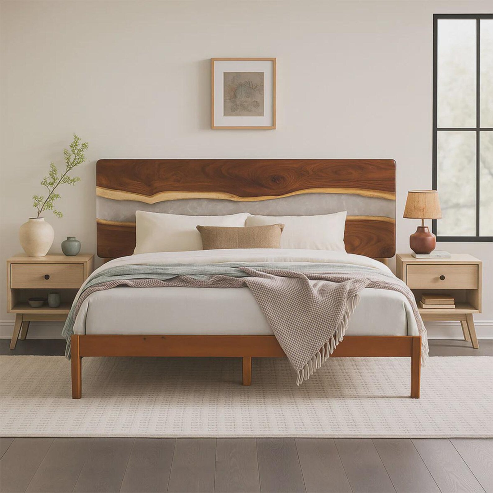Black Walnut Pearl-White Epoxy Headboard for Luxury Master Suites
