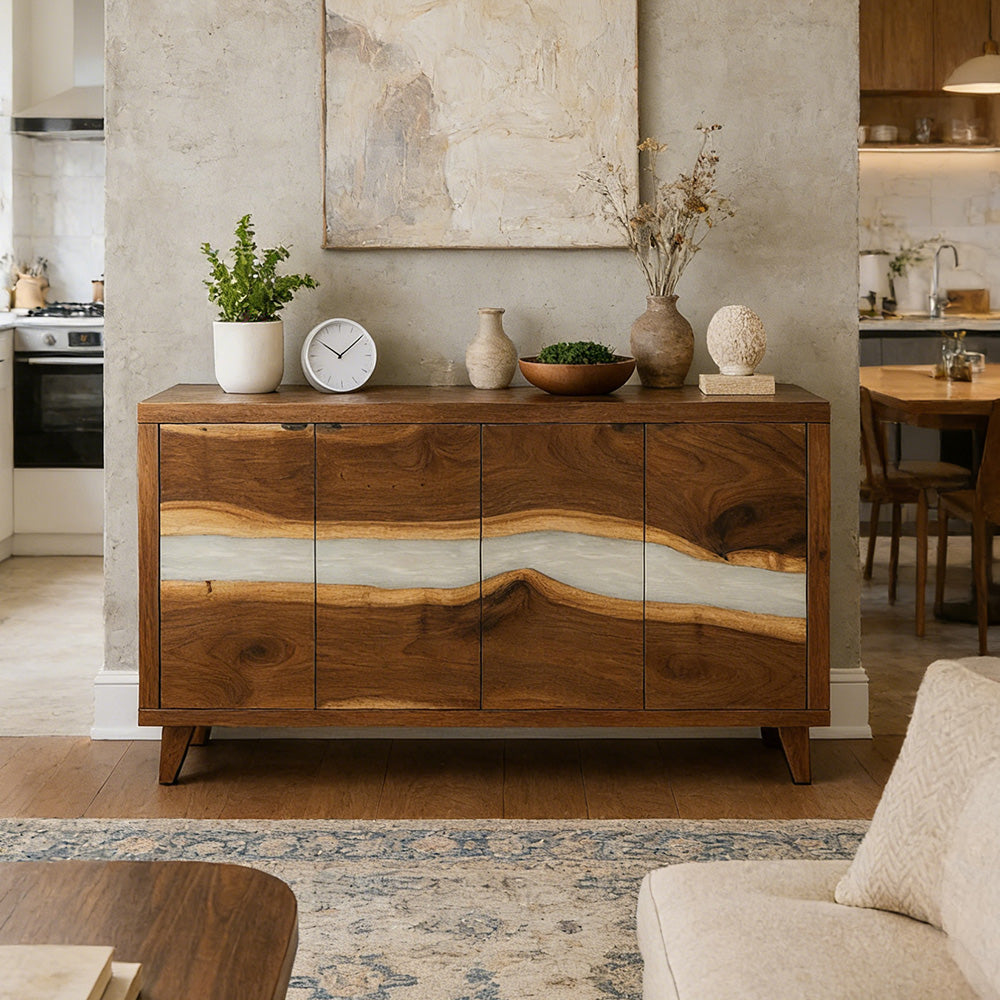 Timeless Walnut Pearl White Epoxy Credenza – Focal Point for Modern Penthouses in Los Angeles