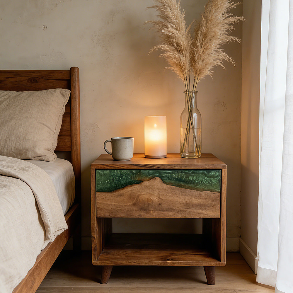 Versatile Black Walnut Green Epoxy Nightstands – for Upscale Open-Concept Areas in Los Angeles