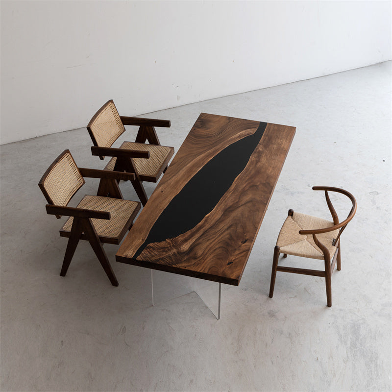 Walnut Wood Epoxy River Dining Table 31.18"W 74.8"L
