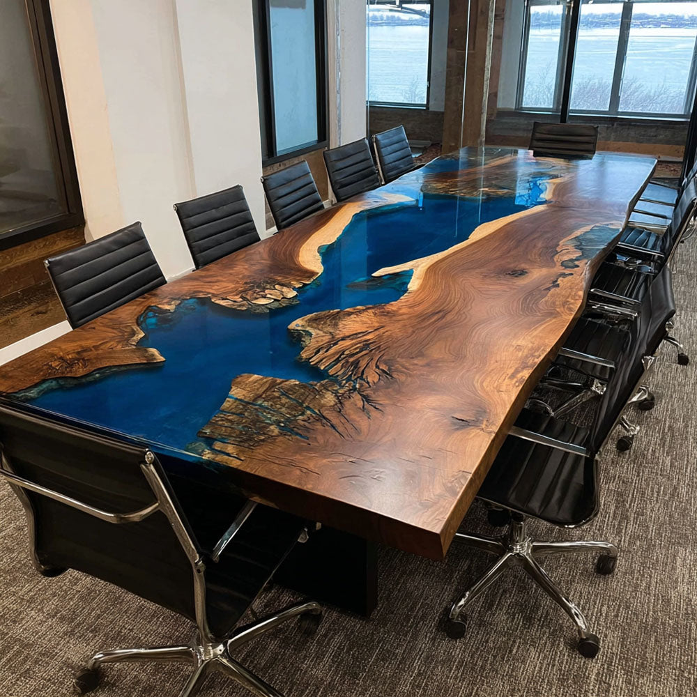 Walnut Deep Ocean Blue River Resin Conference Epoxy Table in Denver