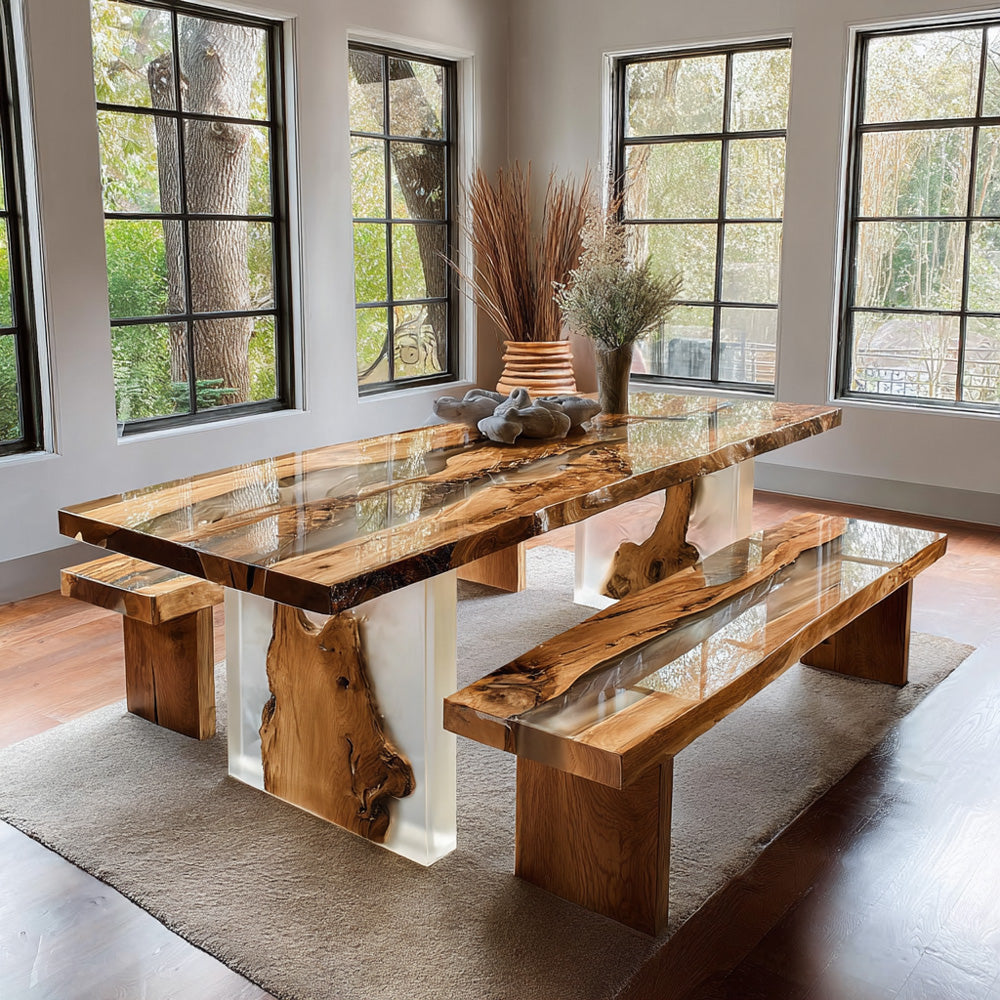 Contemporary Walnut Clear Epoxy Table Matching Bench in Manhattan
