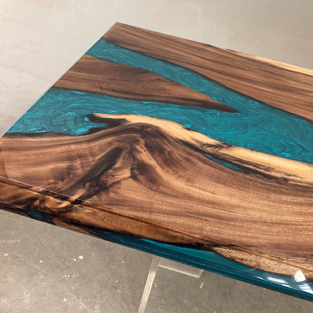 KAZANAHOME Walnut Peacock Blue River Epoxy Table in Los Angeles