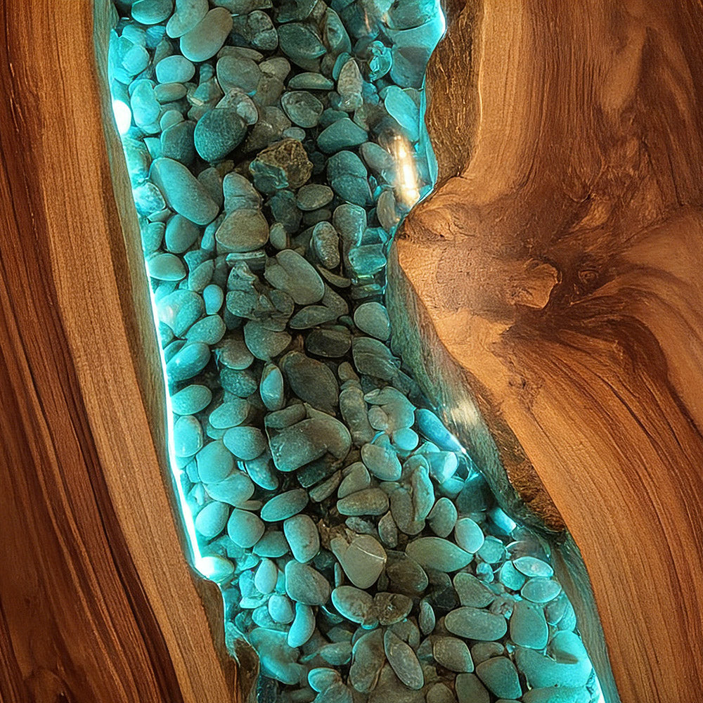 Custom Solid Walnut Stone LED Epoxy Table for High-End Decor