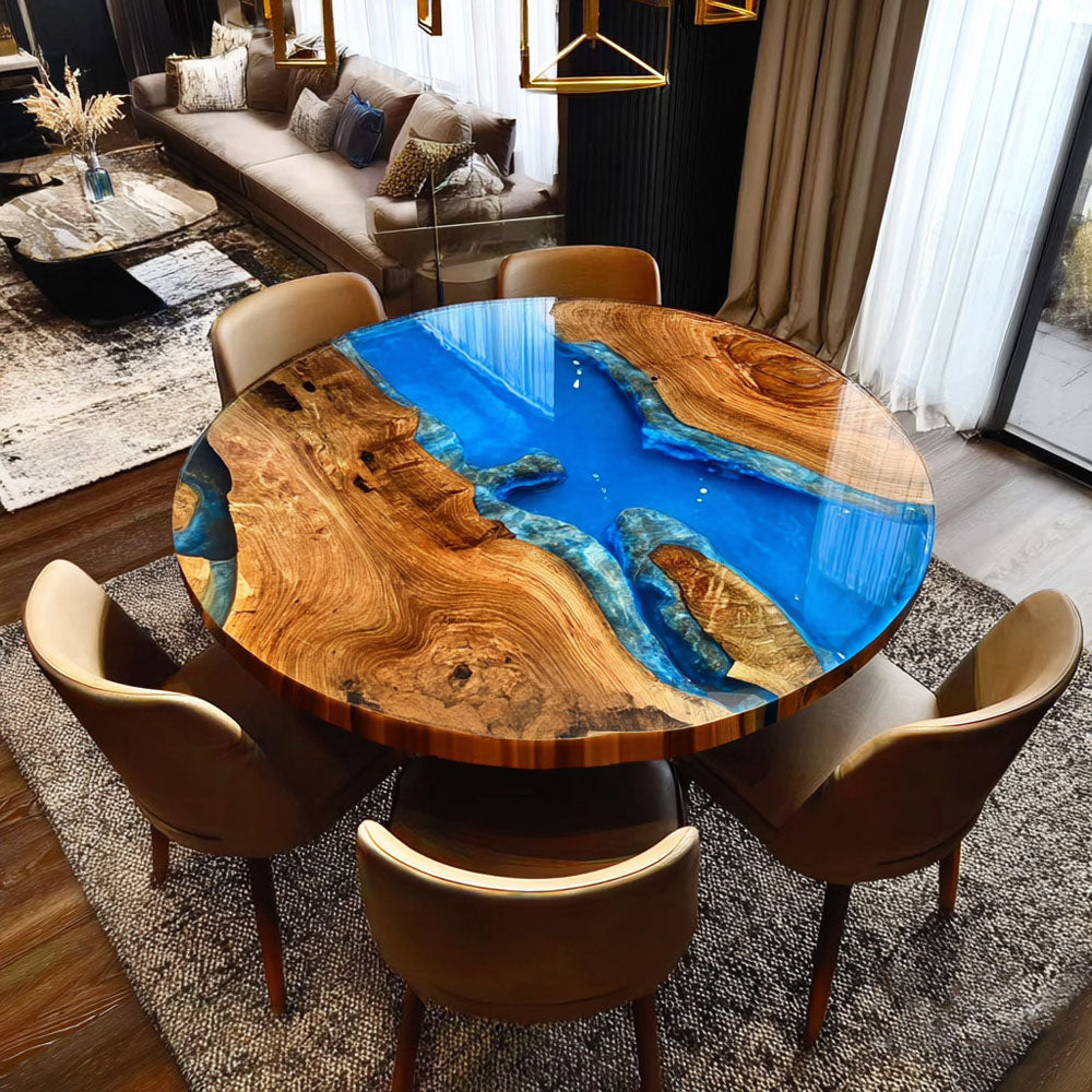 Custom Walnut Round Blue River Resin Epoxy Table in Los Angeles