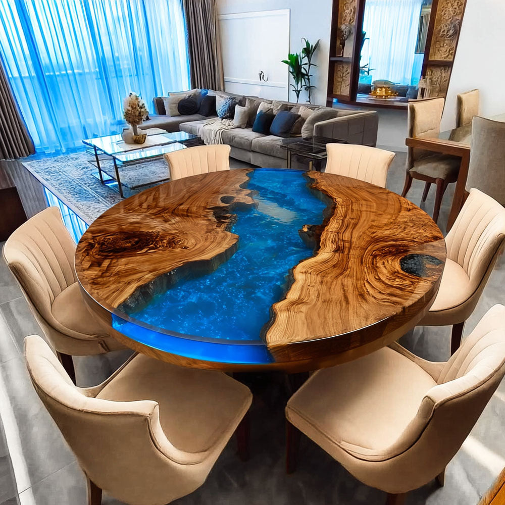 Custom Walnut Round Blue River Resin Epoxy Table in Los Angeles