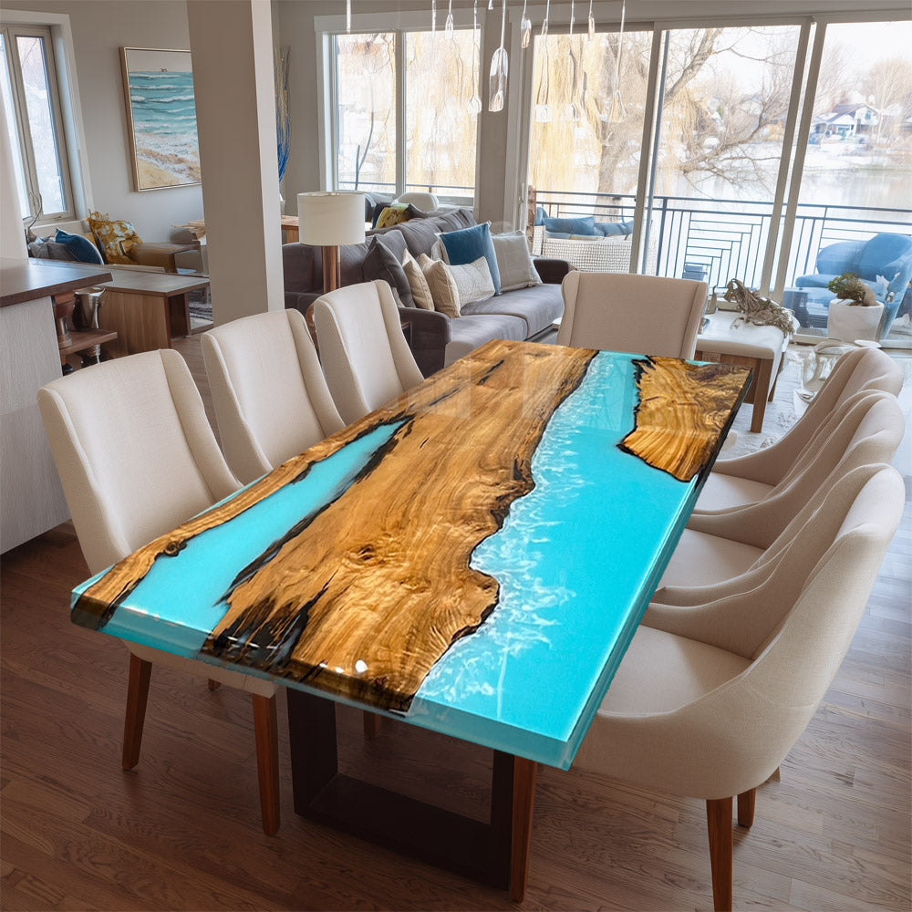 Walnut Sea Wave Epoxy Table with Los Angeles Dining Room