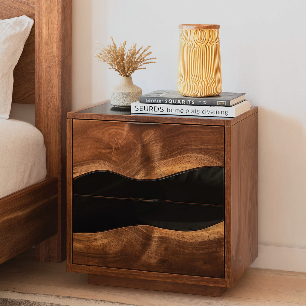 Mid-Century Walnut Black Epoxy Nightstands in New York 