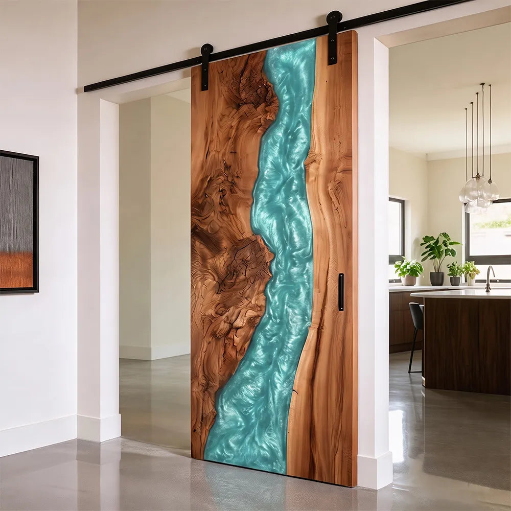 Walnut & Turquoise Resin "River" Barn Door – California Coastal Collection | EBD17