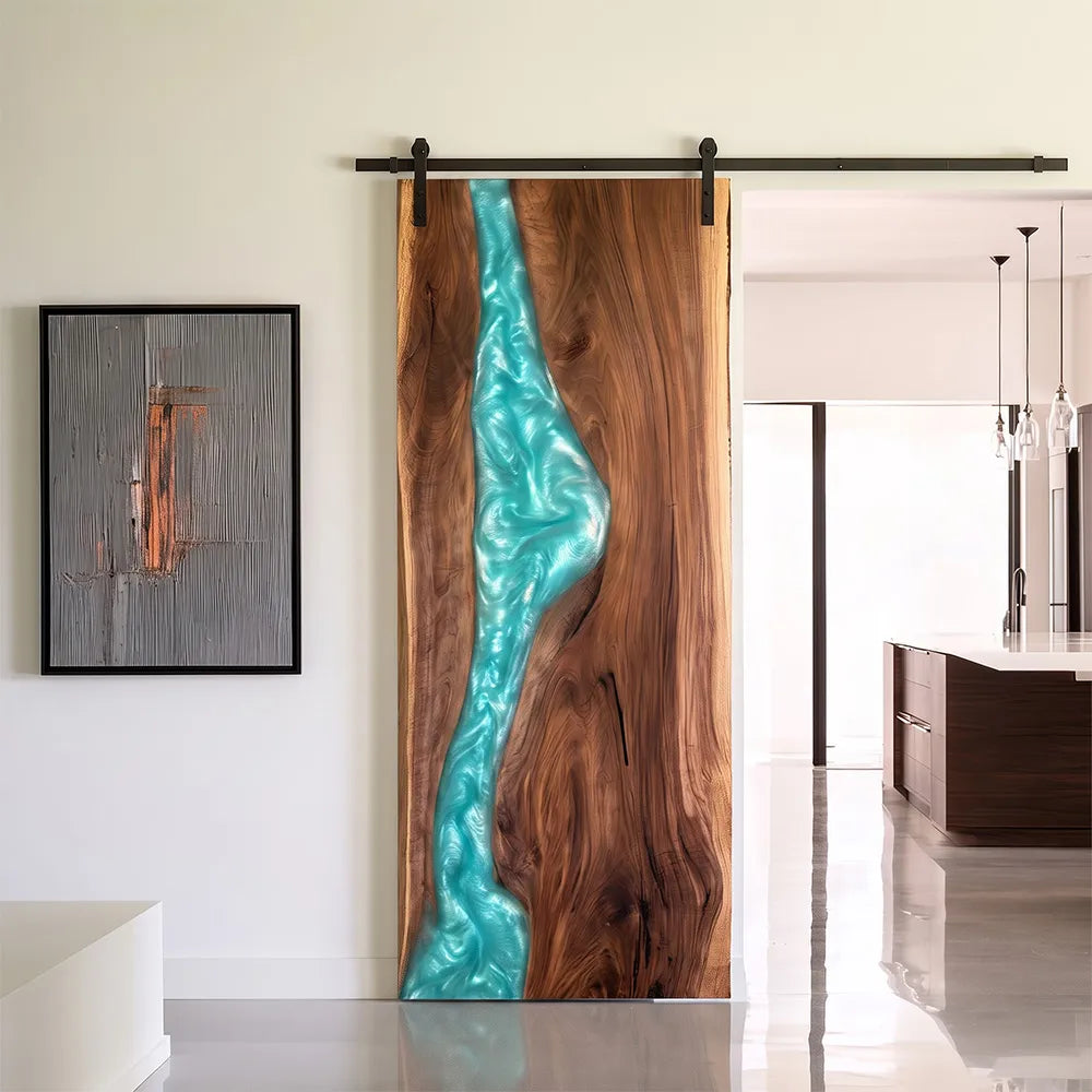 Walnut & Turquoise Resin "River" Barn Door – California Coastal Collection | EBD17