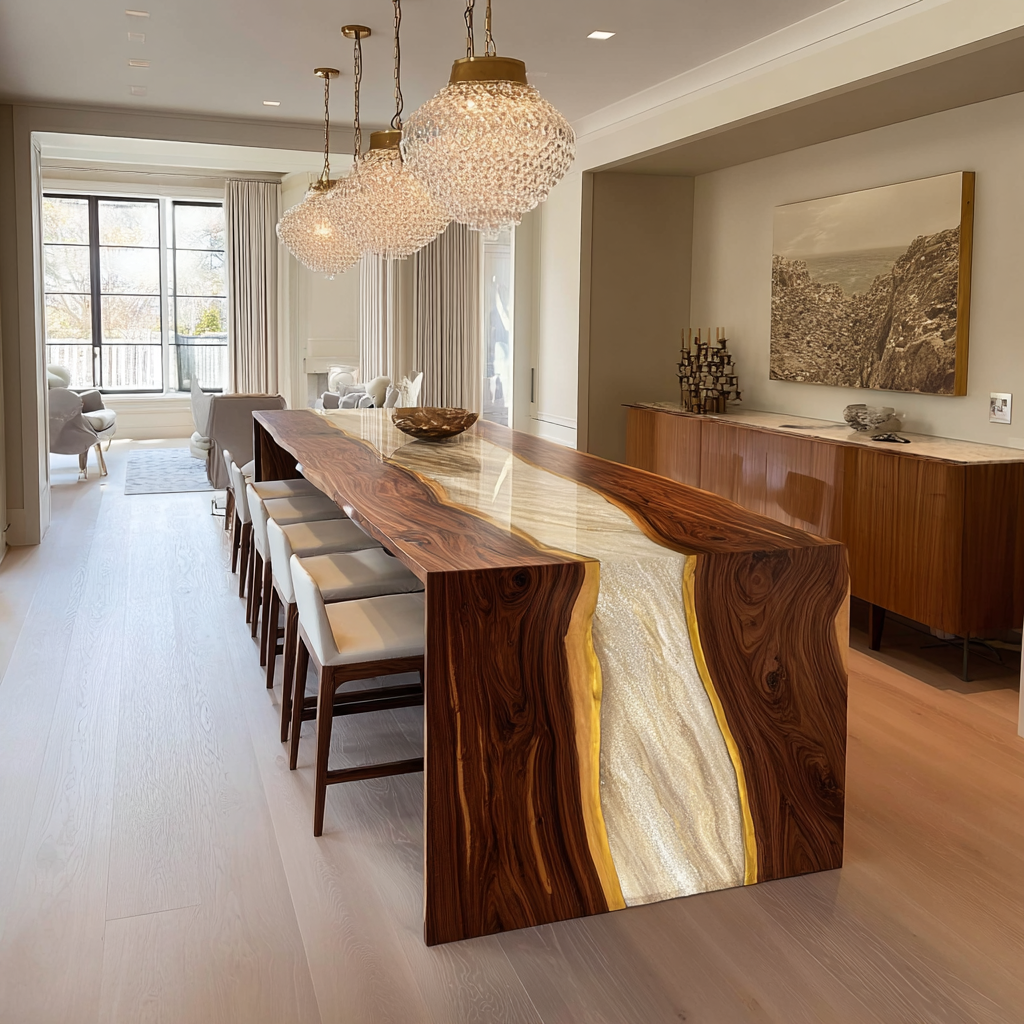 Architectural Walnut Waterfall Epoxy Dining Table in San Francisco