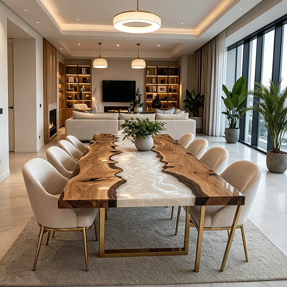 Futuristic Walnut Wood White River Epoxy Table - Contemporary Urban Decor in Brooklyn 