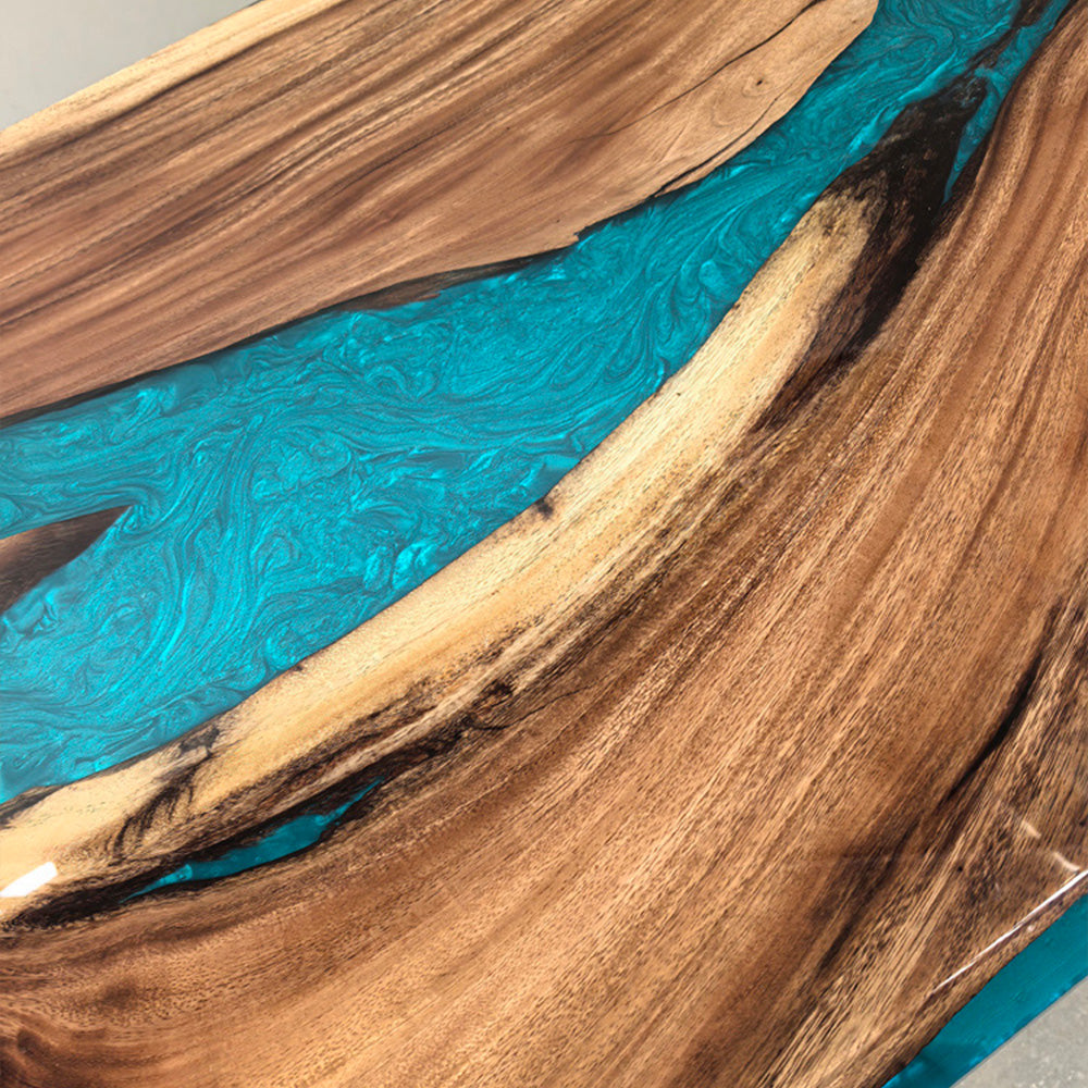 KAZANAHOME Walnut Wood Peacock Blue Epoxy Table in Los Angeles