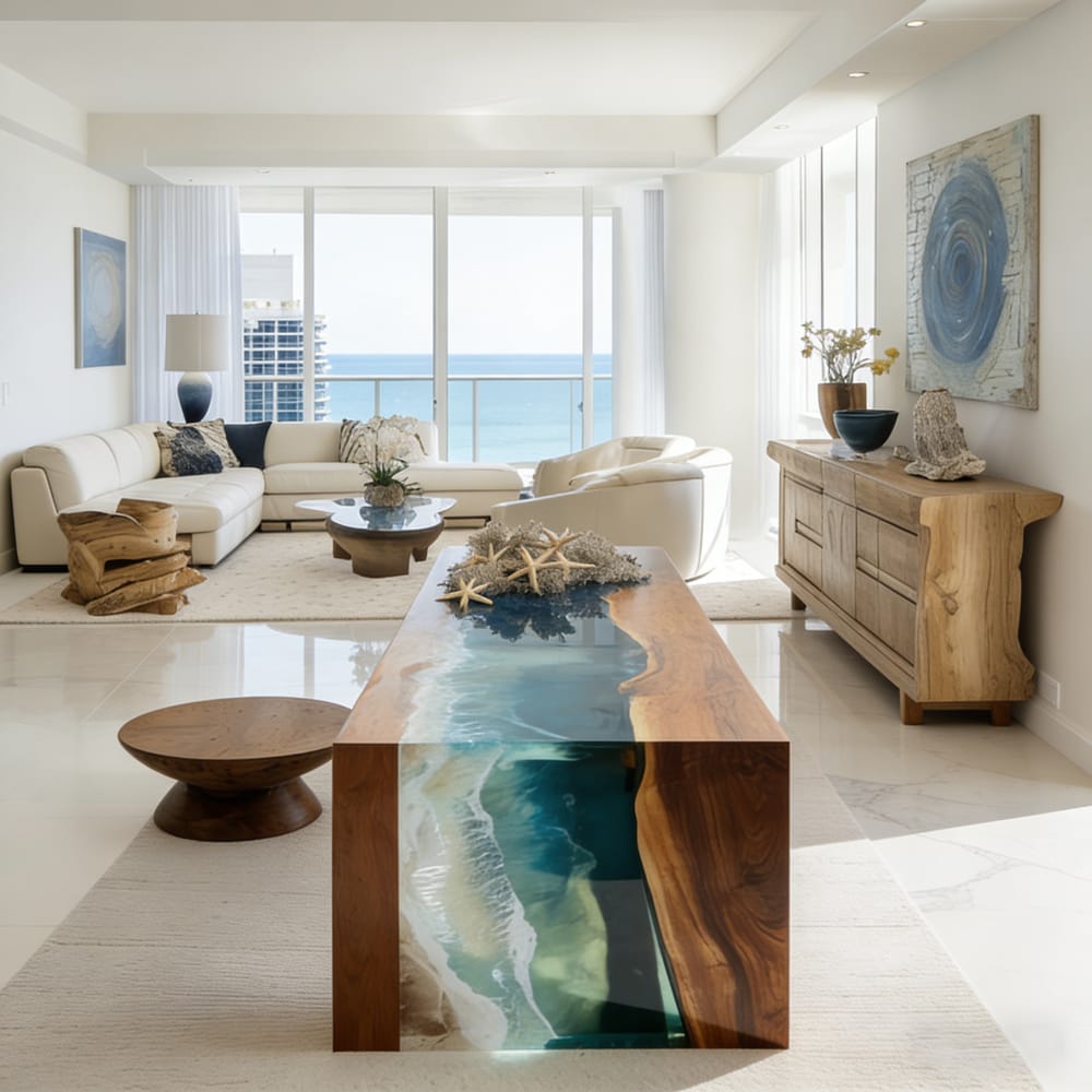 Black Walnut Waterfall Ocean Wave Epoxy Table for Modern Beachfront Estates in Malibu