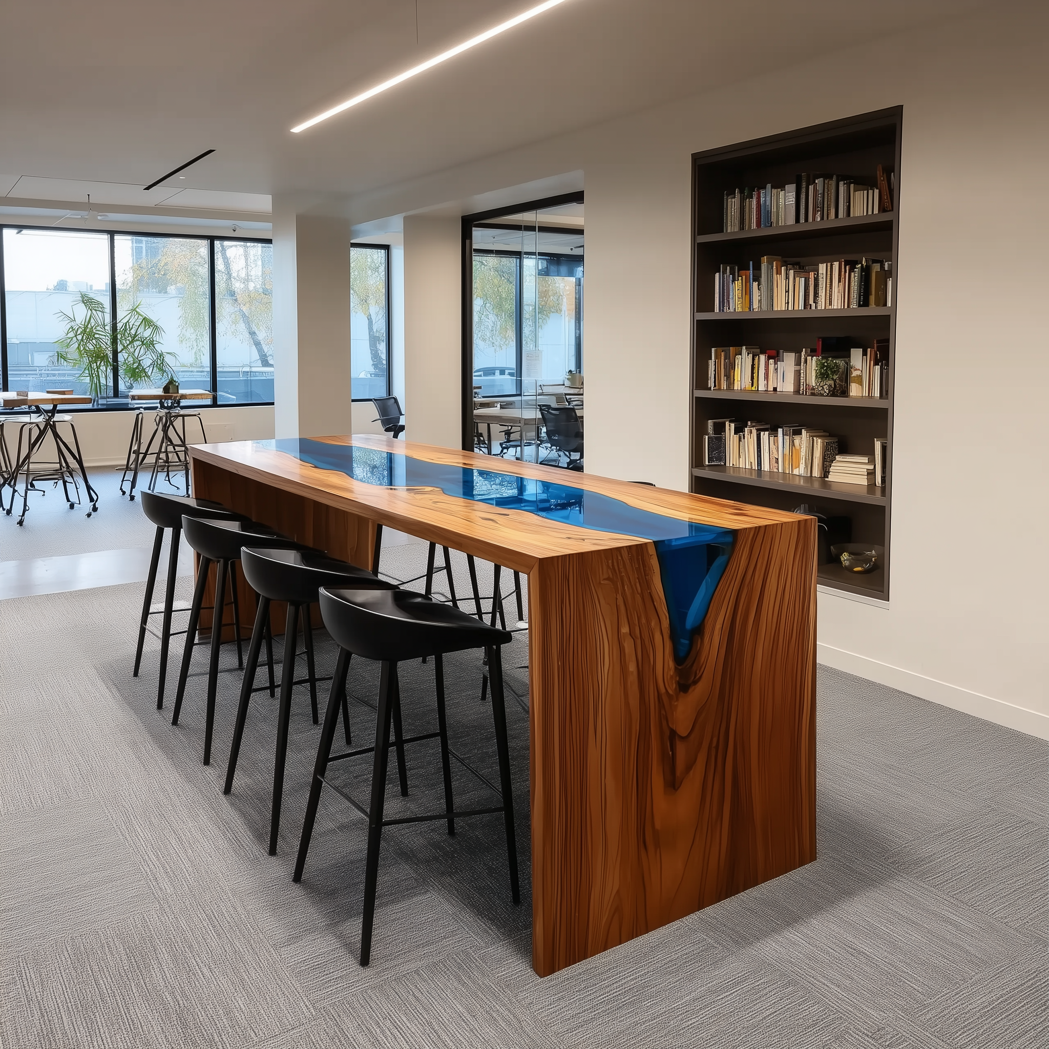 Waterfall Walnut Epoxy Table for Oceanfront Residences in Los Angeles