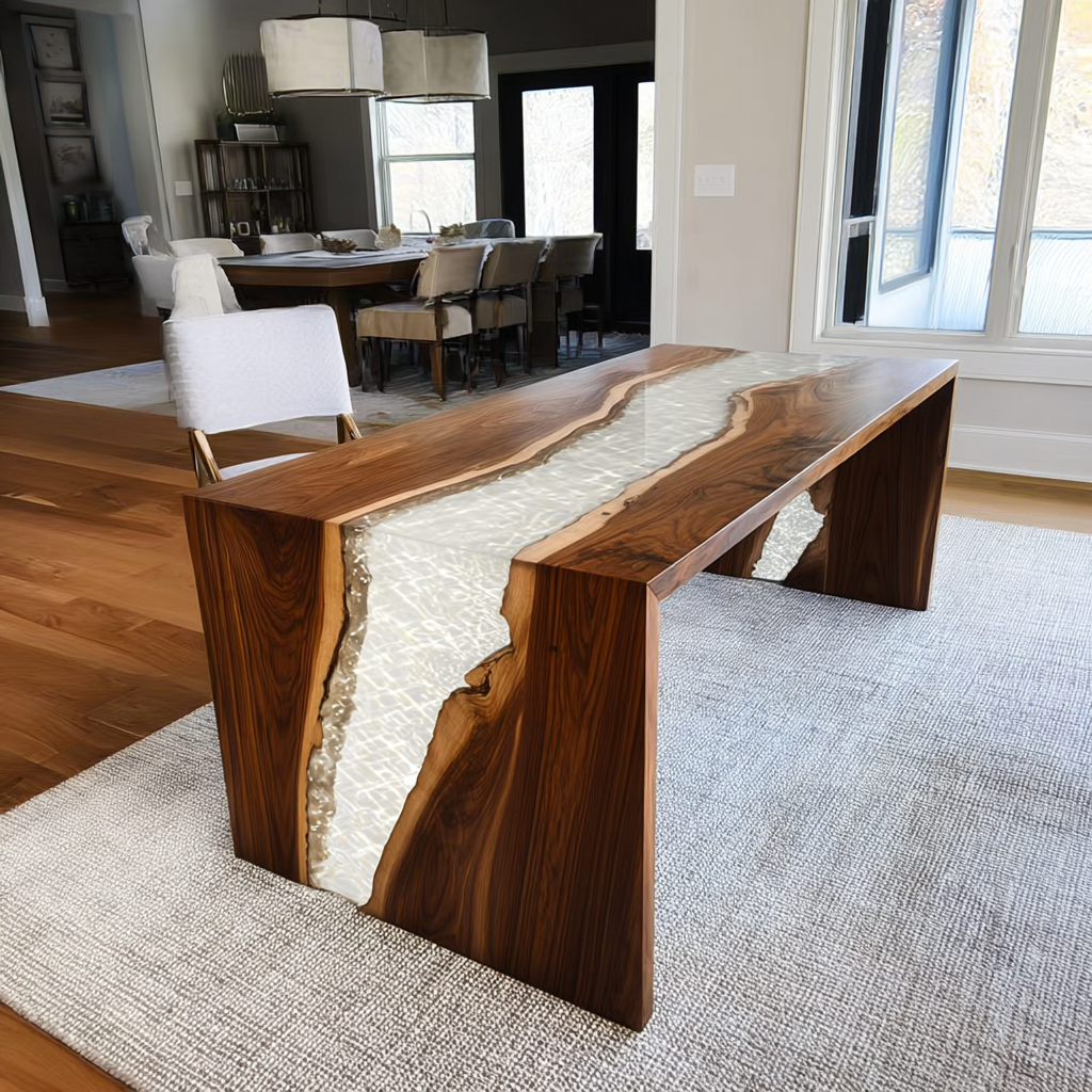 Waterfall Walnut Epoxy Table for Guarantee Structural Integrity in Hamptons