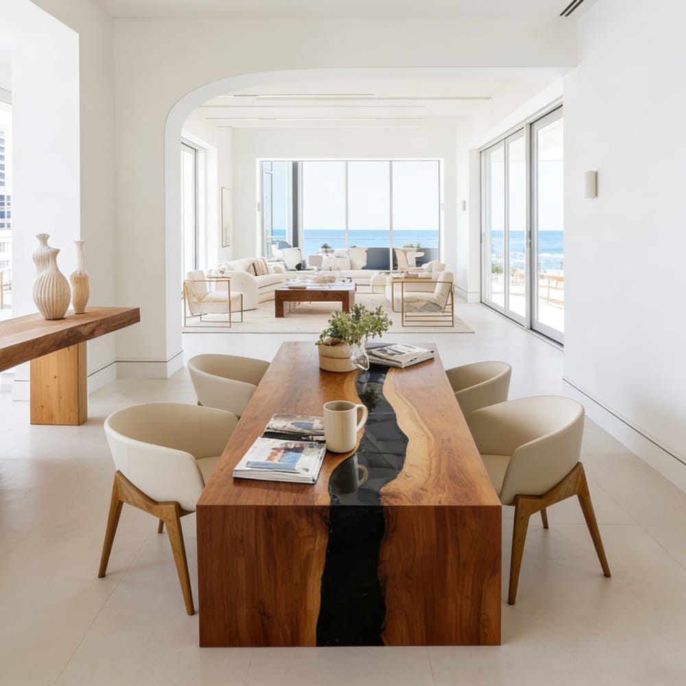 Walnut Black River Epoxy Table for American Urban Penthouses in New York