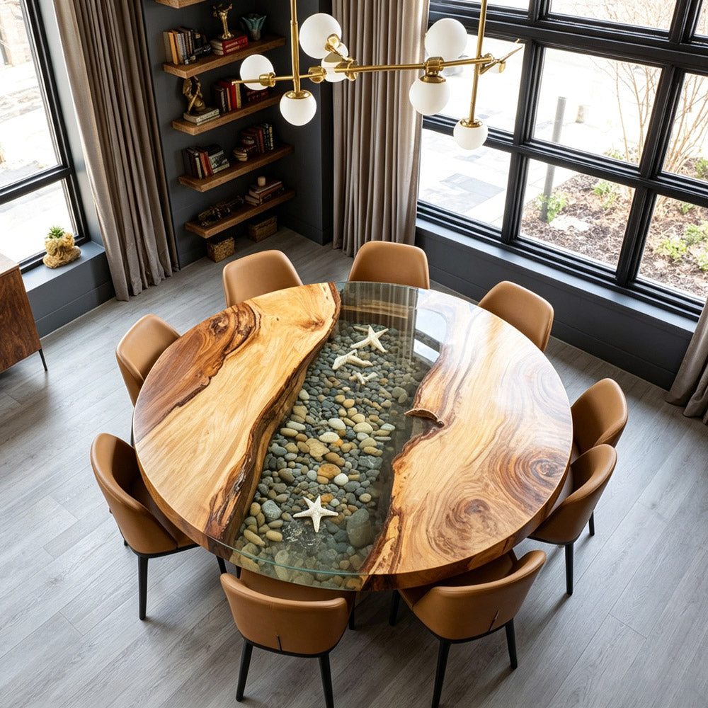 Walnut Pebble Starfish Round Epoxy Table - Perfect for Breakfast Nooks & Beach Houses RT34 in Charleston
