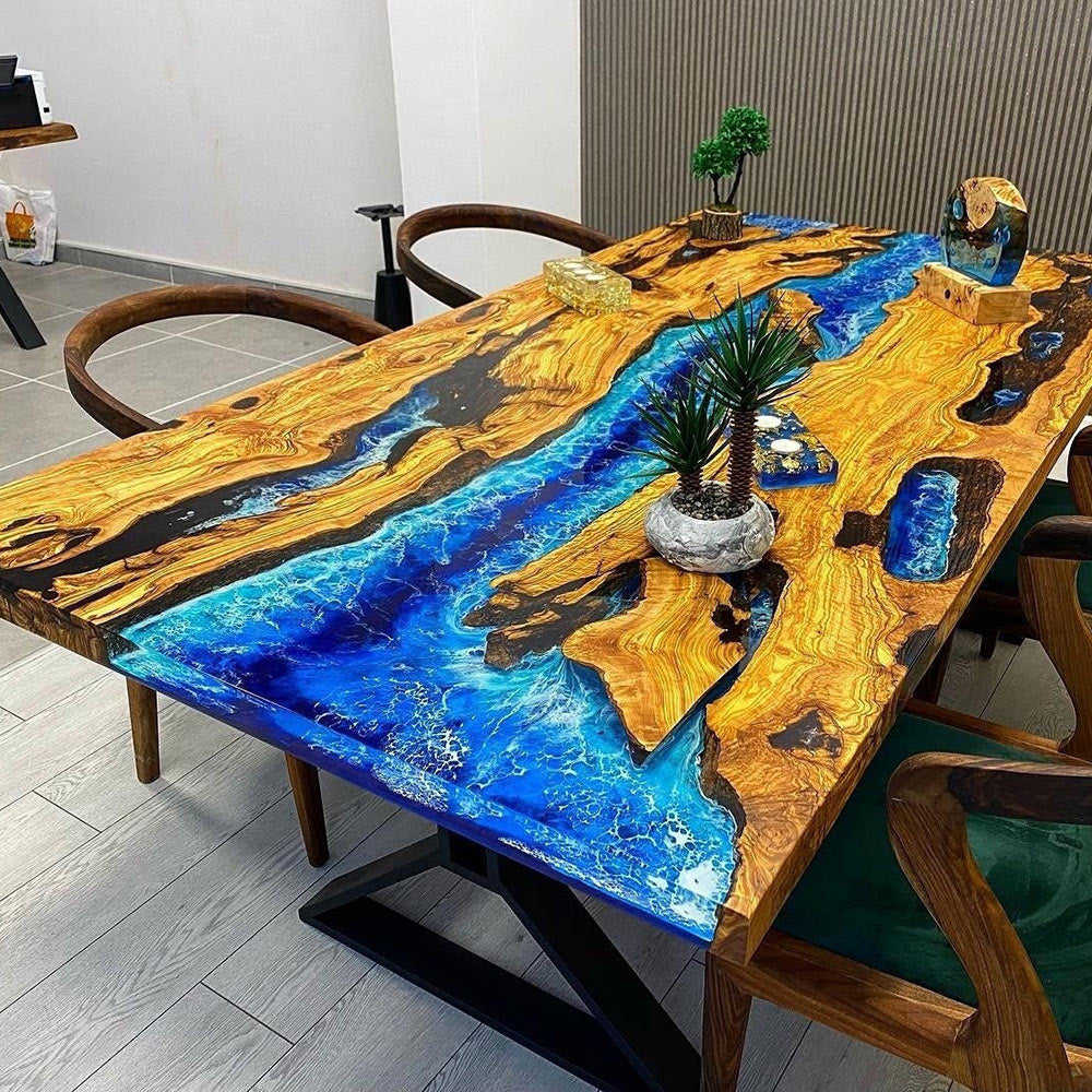 Ocean Wave Olive Wood Epoxy Resin Table - Kazanahome