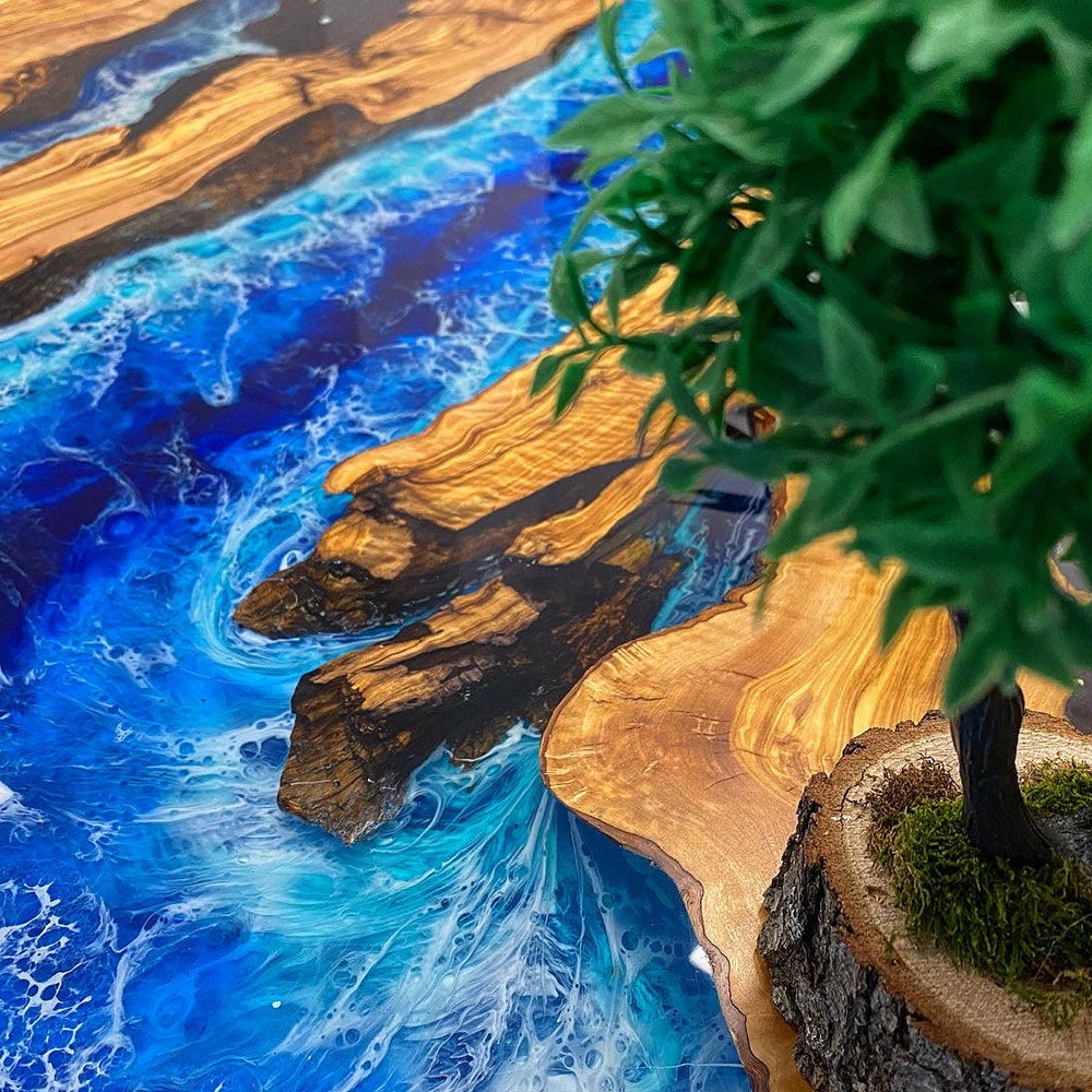 Olive Wood Epoxy Dining Table Ocean Wave - Kazanahome