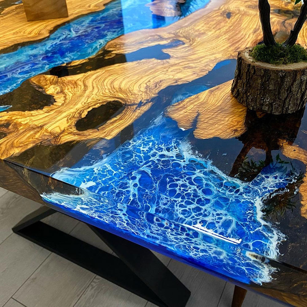 Ocean Wave Olive Wood Epoxy Dining Table 