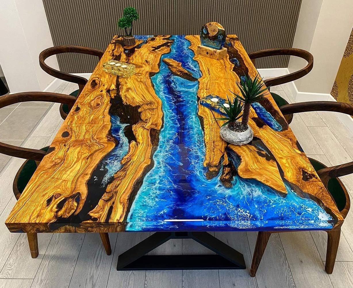 Olive Wood Epoxy Resin Table Ocean Wave - Kazanahome