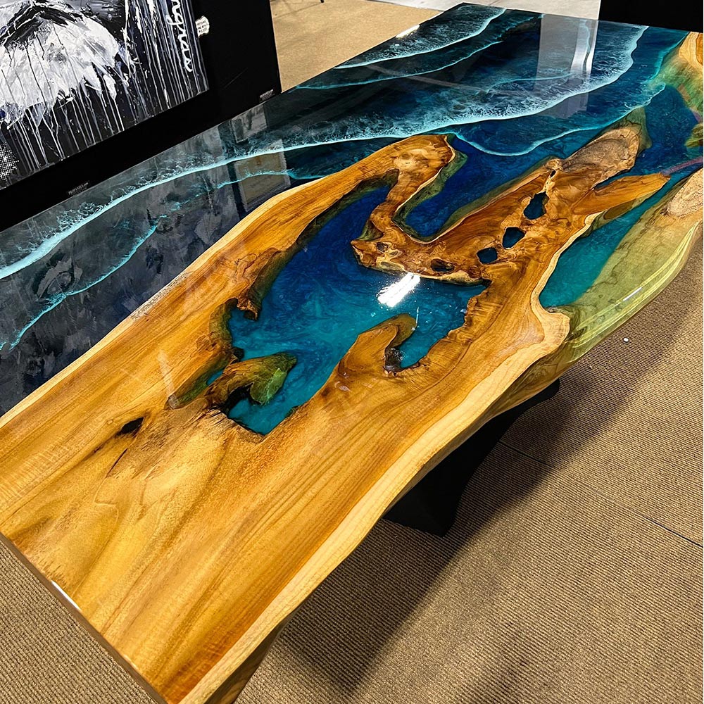 Walnut Wood Epoxy Resin Table Ocean Wave  - Kazanahome