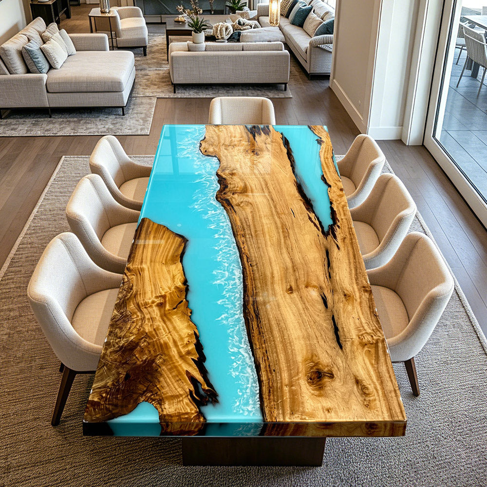 KAZANAHOME Golden Camphor Wood Coastal Wave Epoxy Table 47"W×80"L