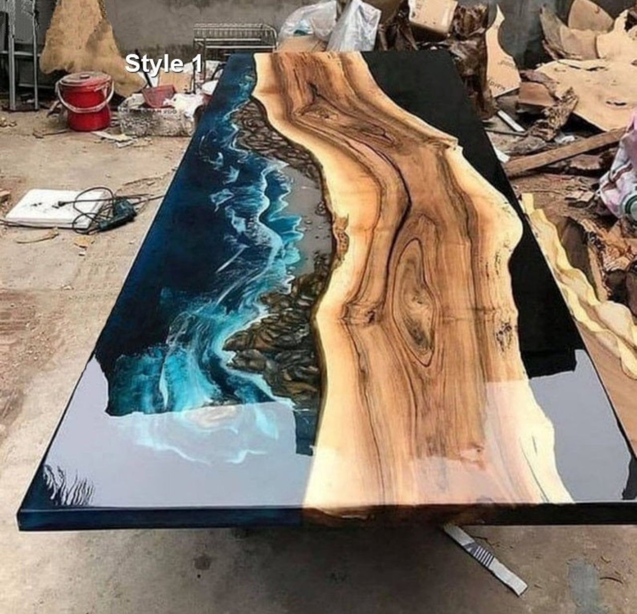 Custom walnut green epoxy resin table deposit $1500 from Safer
