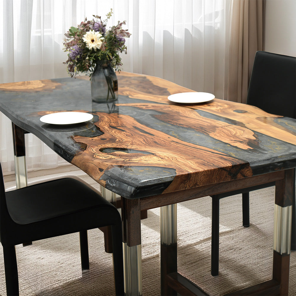 KAZANA Olive Wood Dining Table Gray Gold Epoxy Resin 36.22"Wx 72.05"L