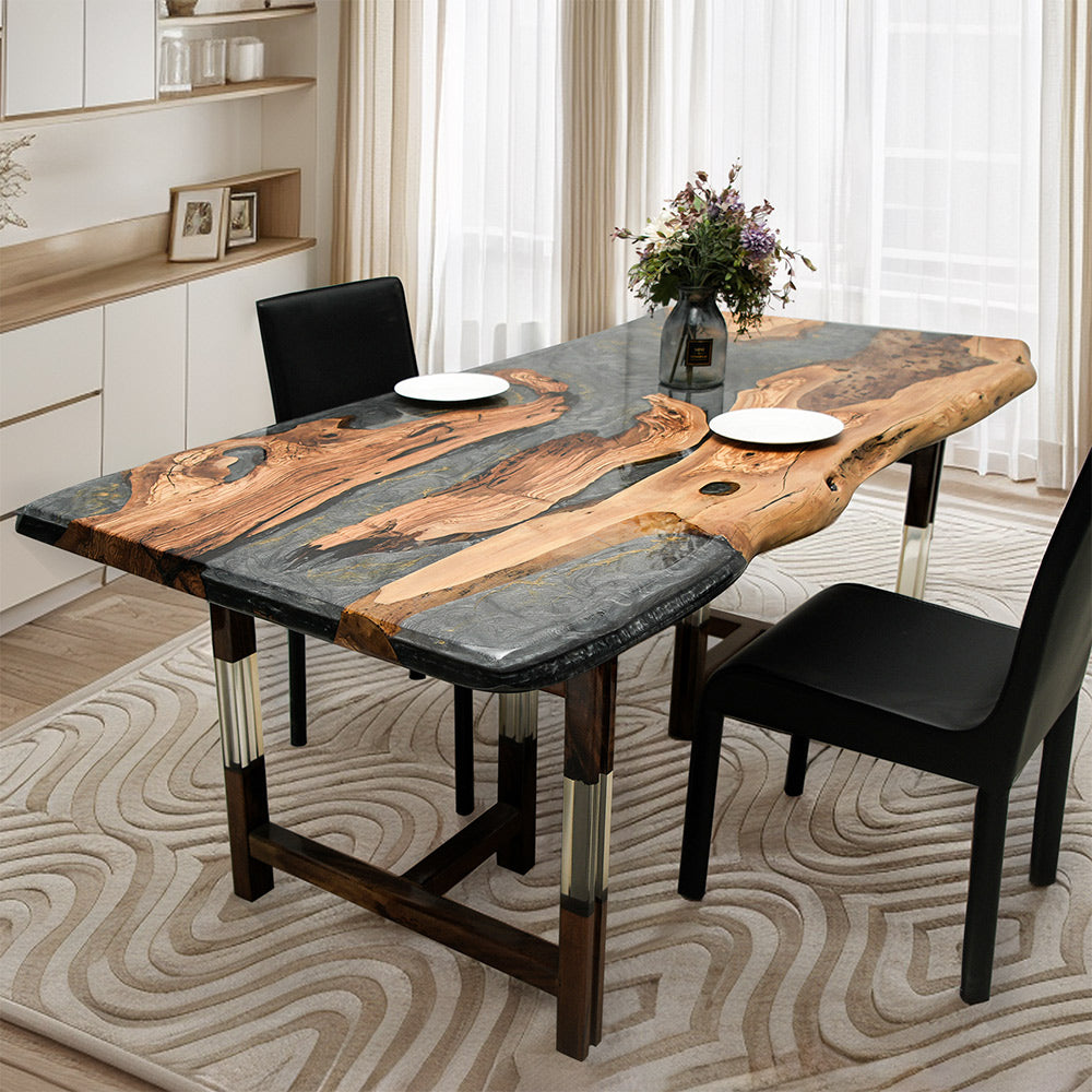 KAZANA Olive Wood Dining Table Gray Gold Epoxy Resin 36.22"Wx 72.05"L