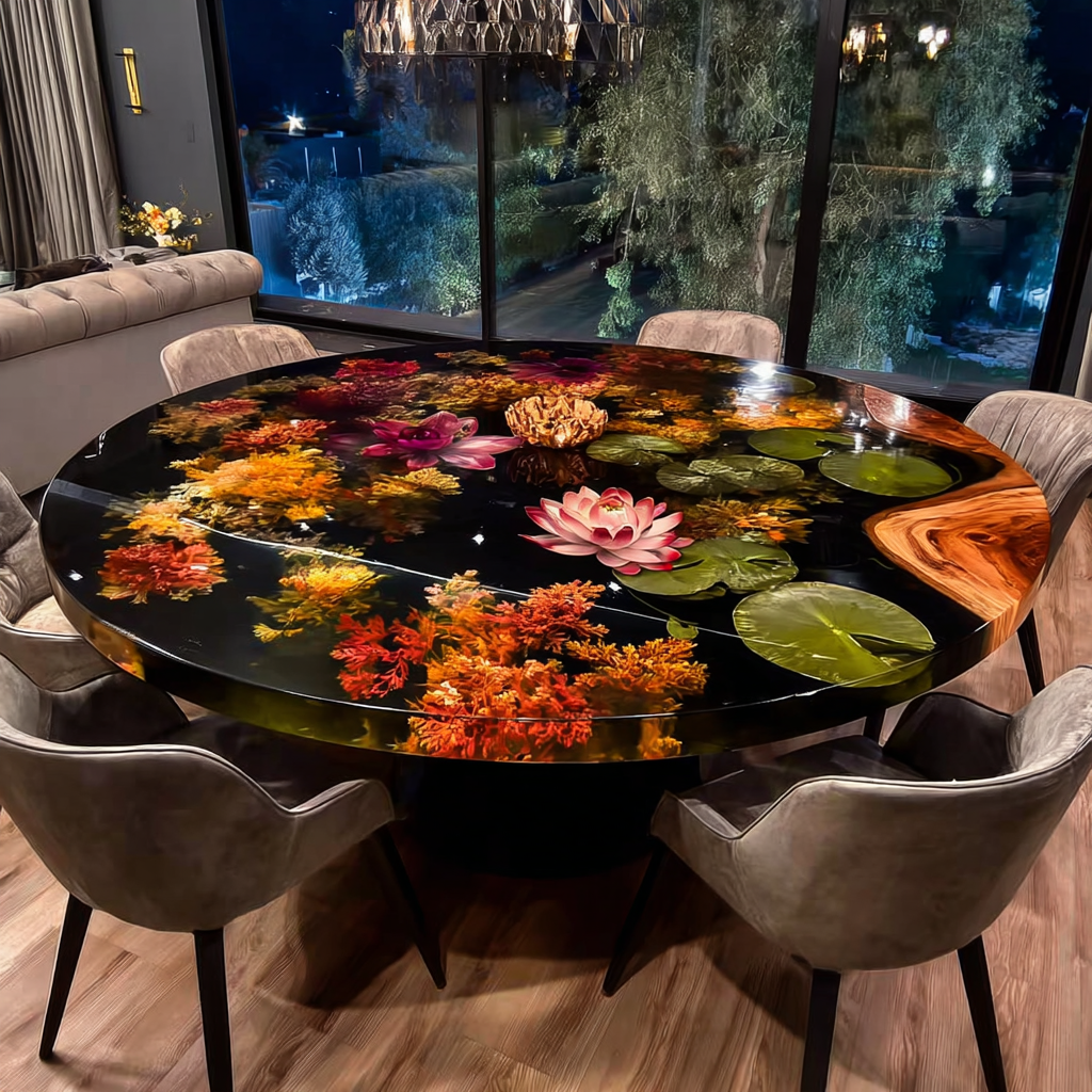 Custom Walnut Black Flower Round Resin Epoxy Table RT24