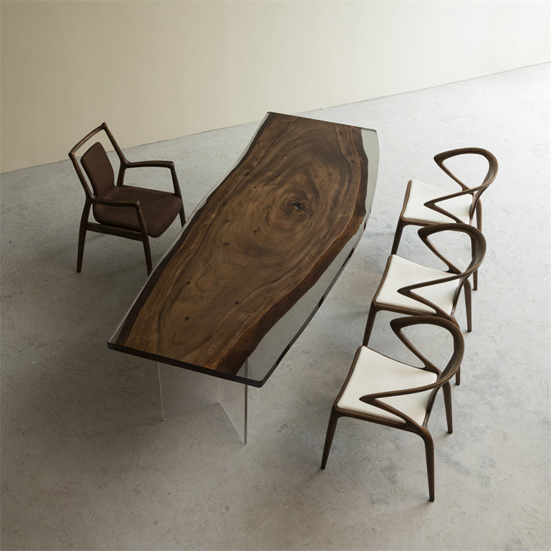 Walnut Wood Epoxy Side Arc Dining Table Live Edge 35.31W 117.9L